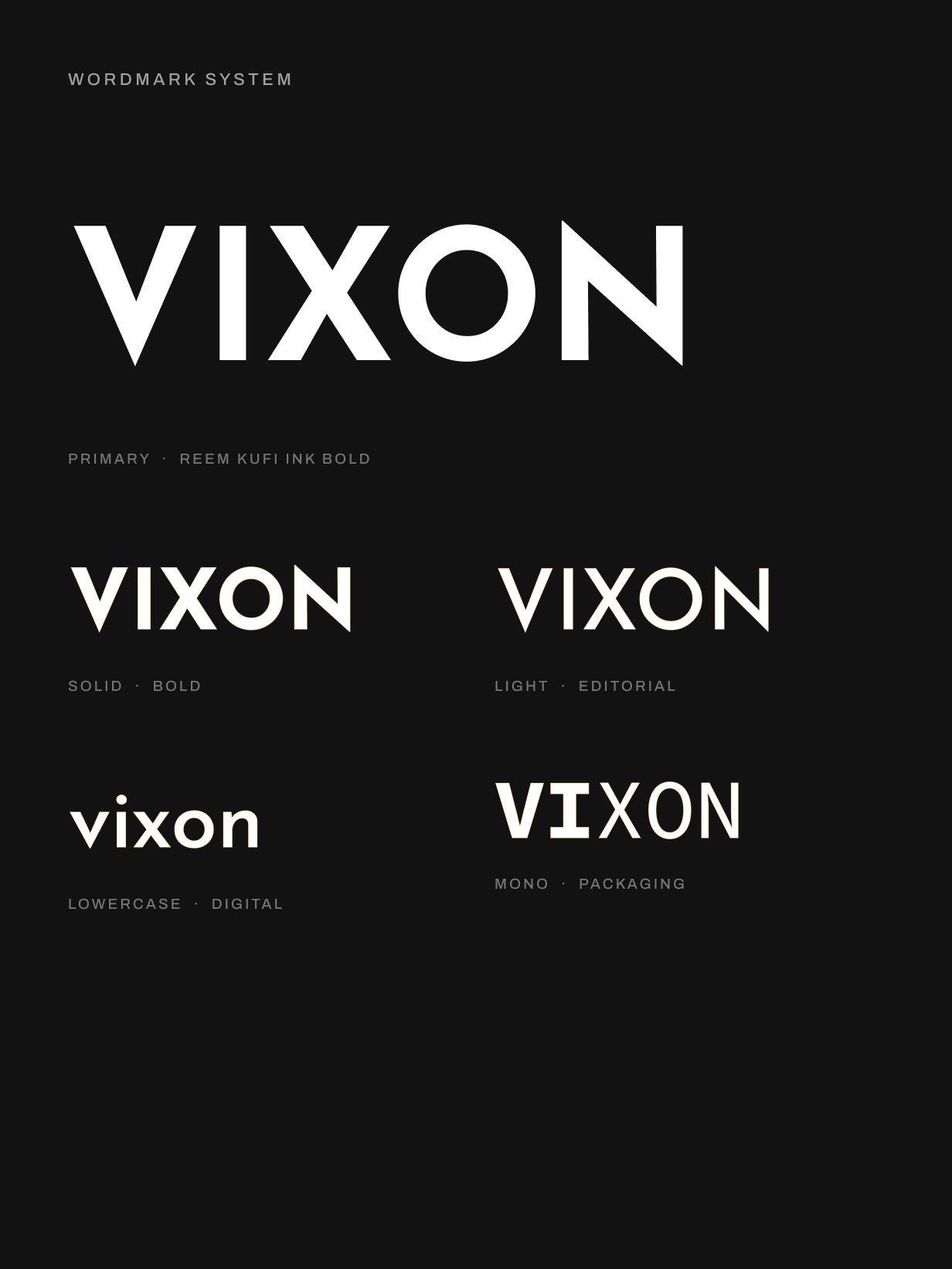 A black presentation board comparing the primary Vixon wordmark with typographic variations