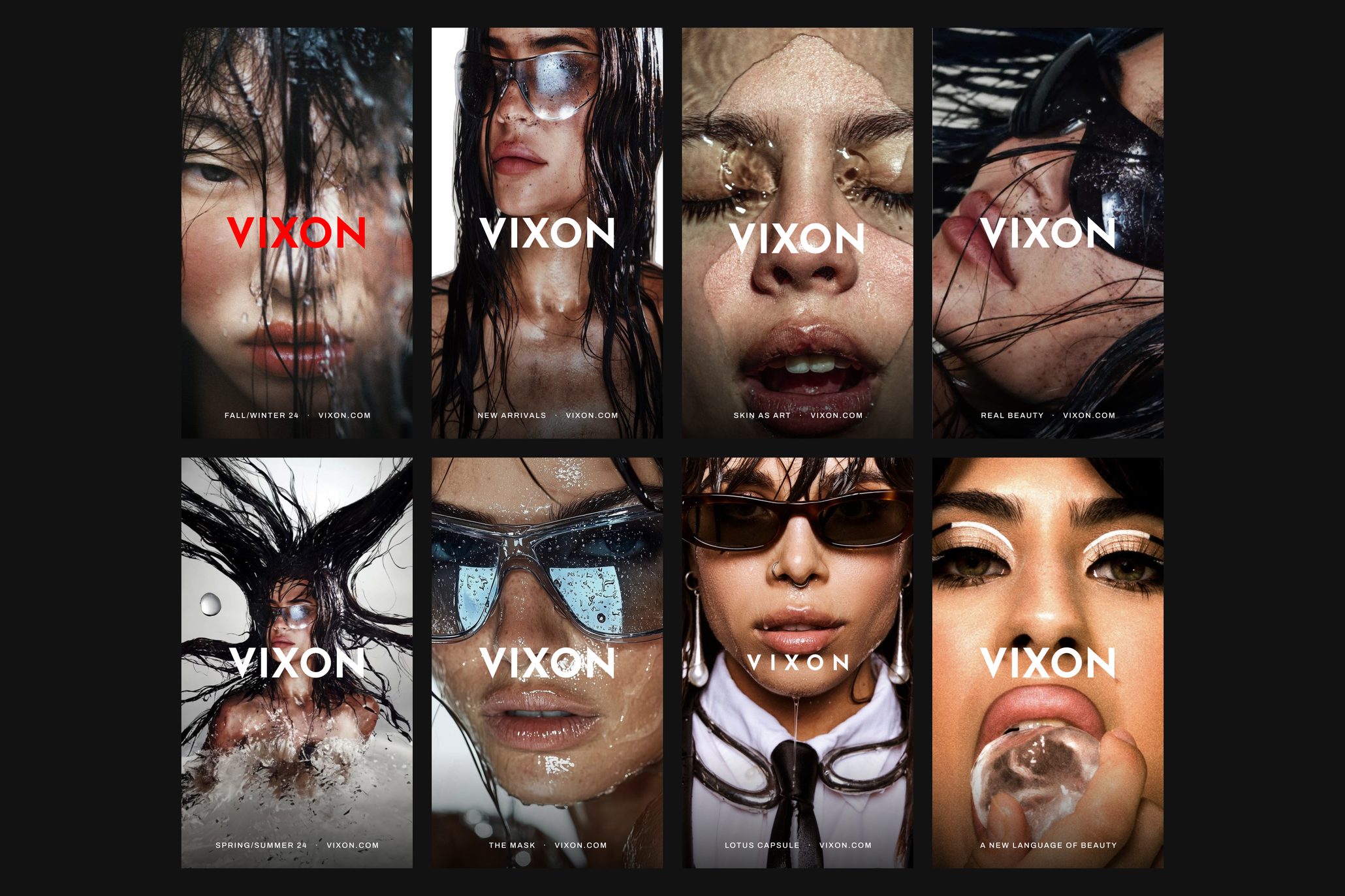 Eight portrait-led Vixon campaign studies with the wordmark in white or red