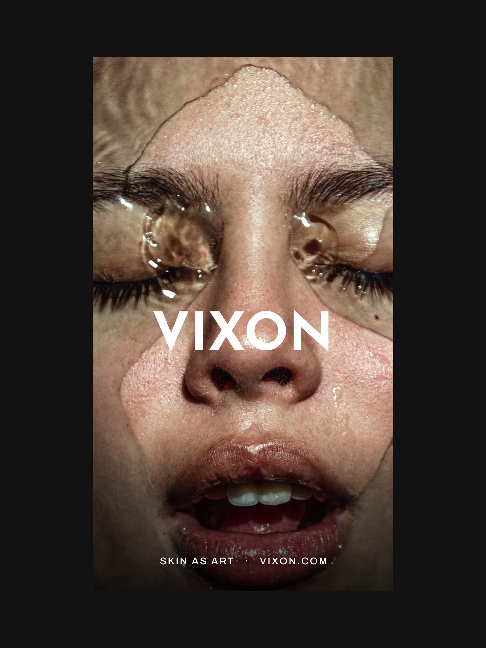 A vertical Vixon campaign poster with a close-up face and a white wordmark