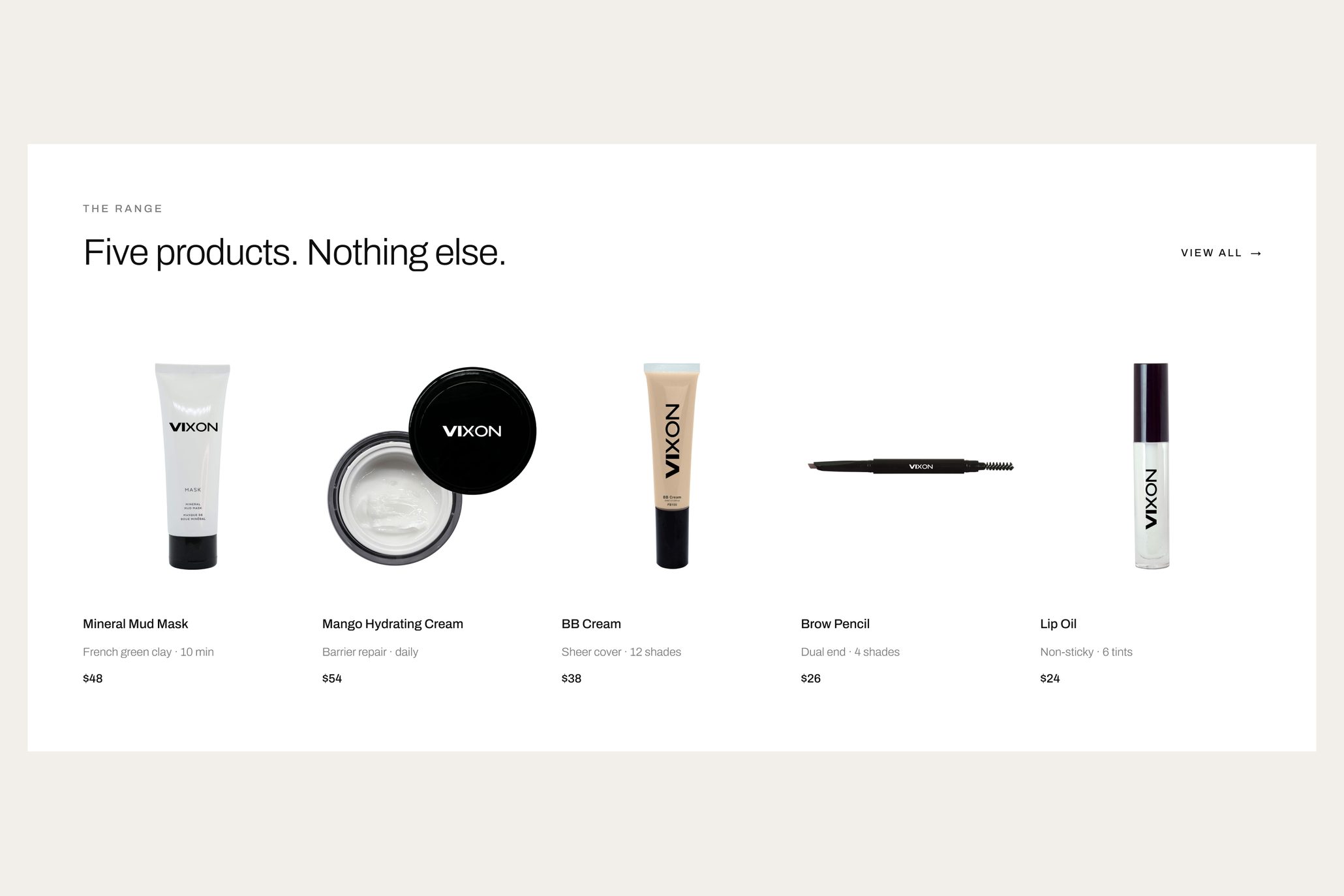 A website product row with five Vixon skincare and cosmetics products