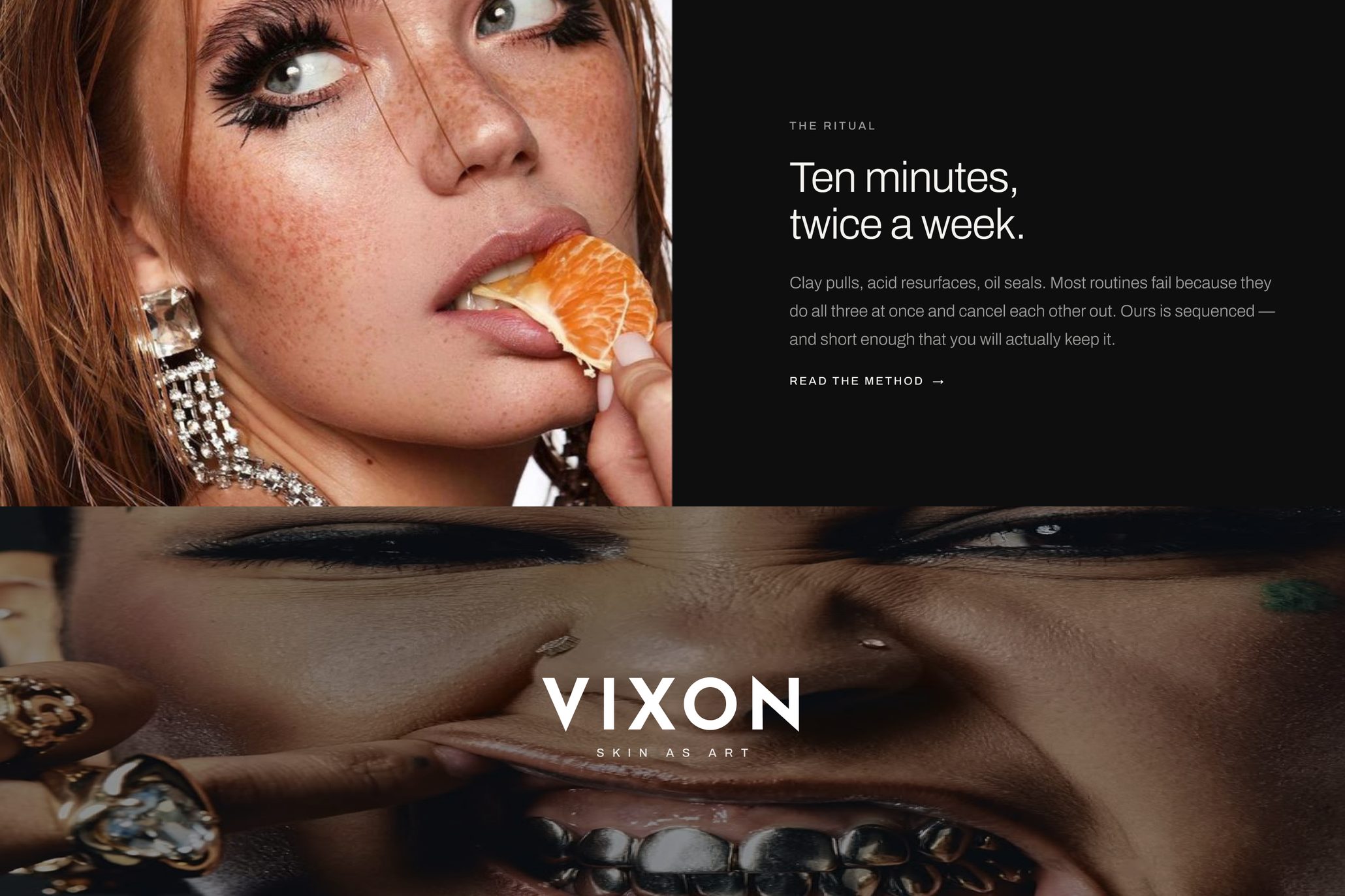 Two website sections pairing Vixon portrait photography with product copy